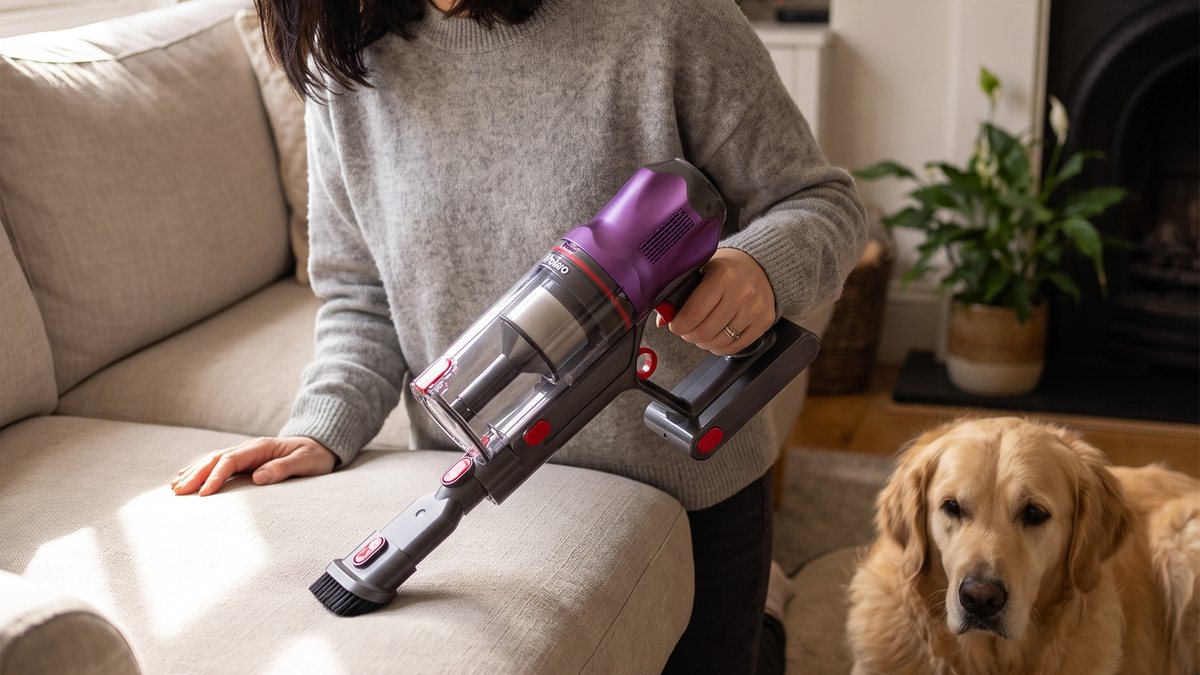 Polaro V16 als Handstaubsauger auf dem Sofa